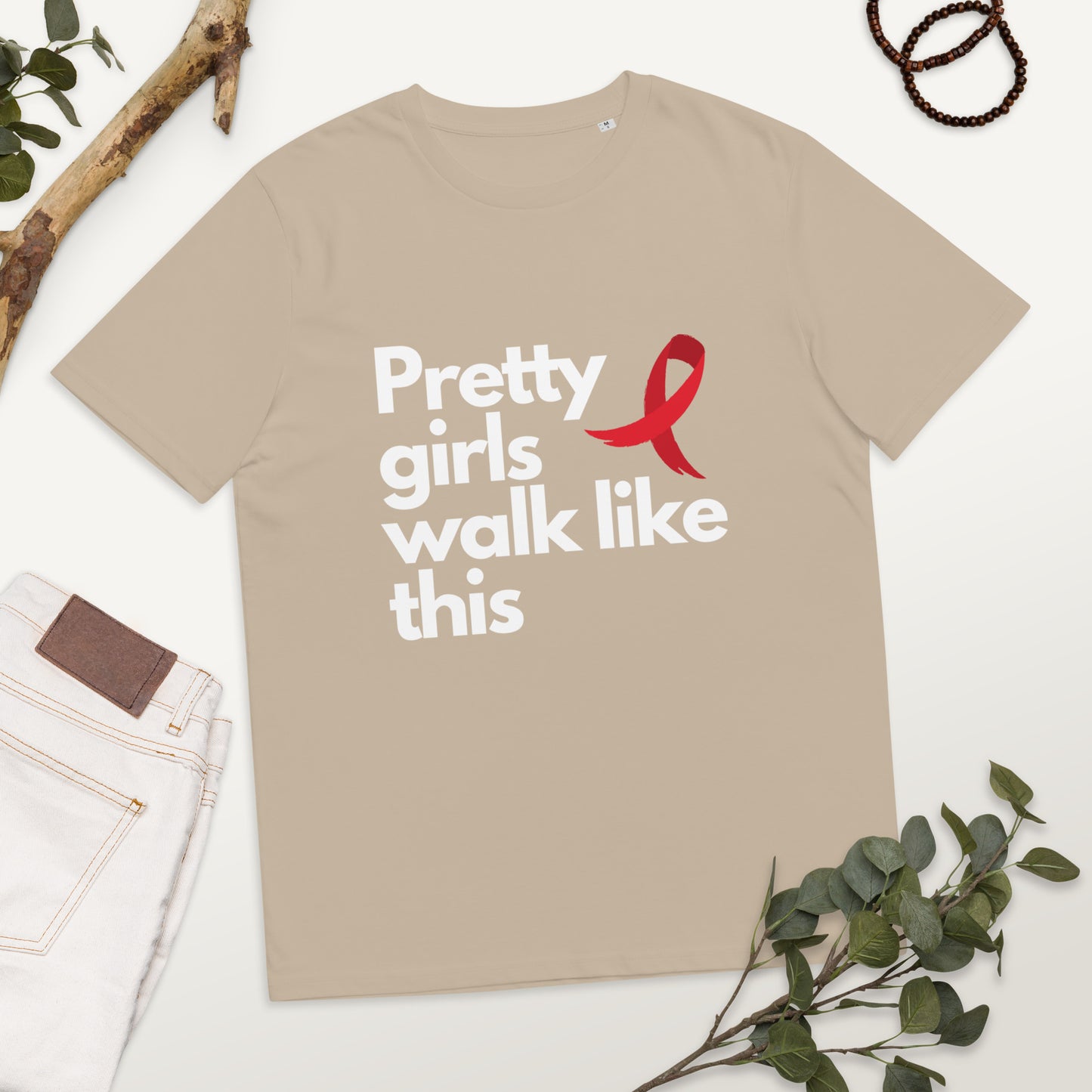 Pretty Girls Walk Like This - Red Ribbon - Unisex organic cotton t-shirt