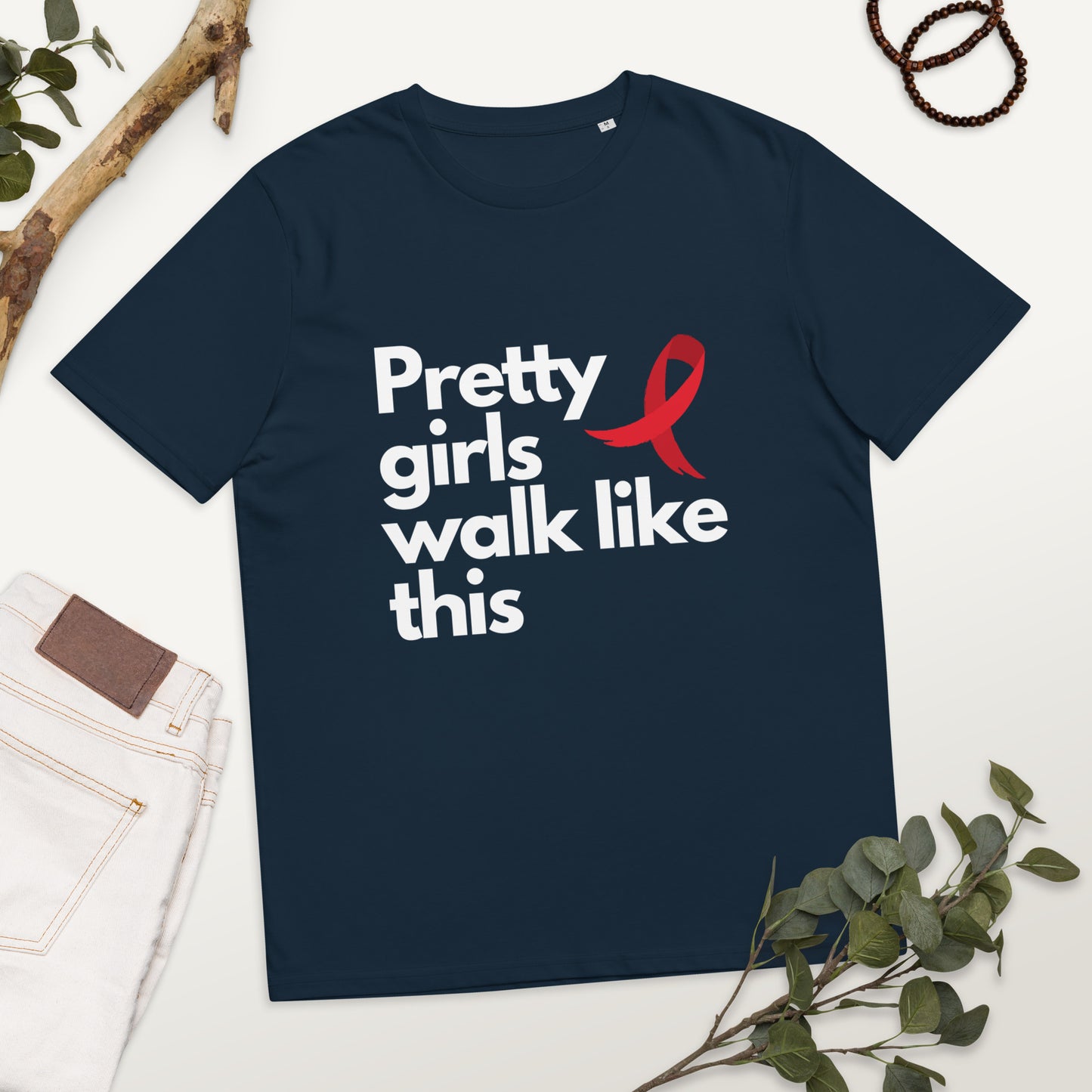 Pretty Girls Walk Like This - Red Ribbon - Unisex organic cotton t-shirt